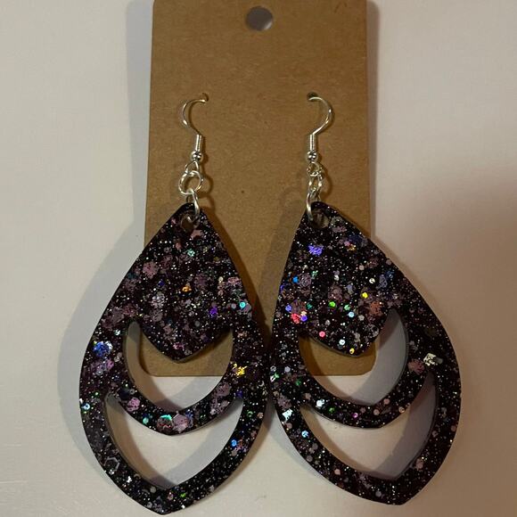 Handmade epoxy resin dangle earrings - very dark purple glitter w/ silver flecks - Picture 1 of 6